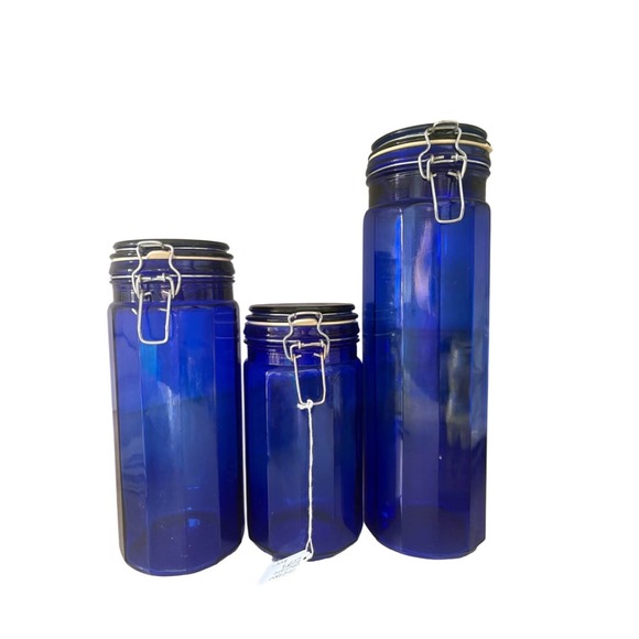 Other - Set of 3‎ Vintage Cobalt Blue Glass Storage Jars Airtight Clip Top Lids